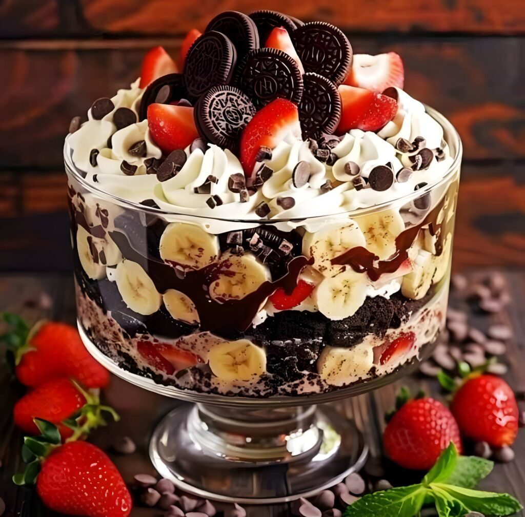 A slice of No-Bake Chocolate Cheesecake Ice Cream topped with whipped cream, chocolate sauce, and graham cracker crumbs on a plate, with the rest of the dessert in the background.