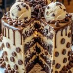 A rich, chocolatey cake layered with ice cream, topped with glossy ganache, mini chocolate chips, crushed Oreos, and chopped candy bars, with a drizzle of chocolate sauce for the perfect finishing touch.