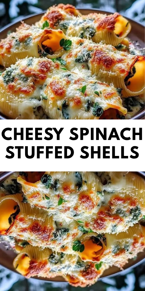 Baked cheesy spinach stuffed shells with golden mozzarella topping in a casserole dish