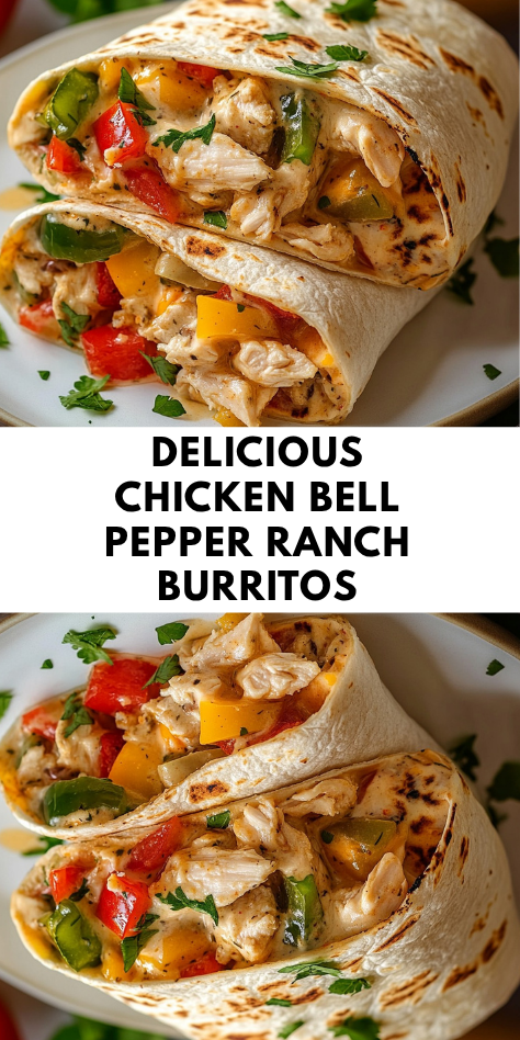 Chicken Bell Pepper Ranch Burritos filled with creamy ranch chicken and sautéed colorful peppers, wrapped in golden tortillas and garnished with fresh herbs
