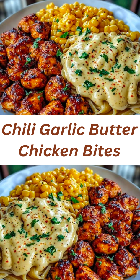 Image of Chili Garlic Butter Chicken Bites served with twisted pasta coated in creamy Cajun corn Alfredo sauce, garnished with fire-roasted corn, green onions, and a dusting of paprika.