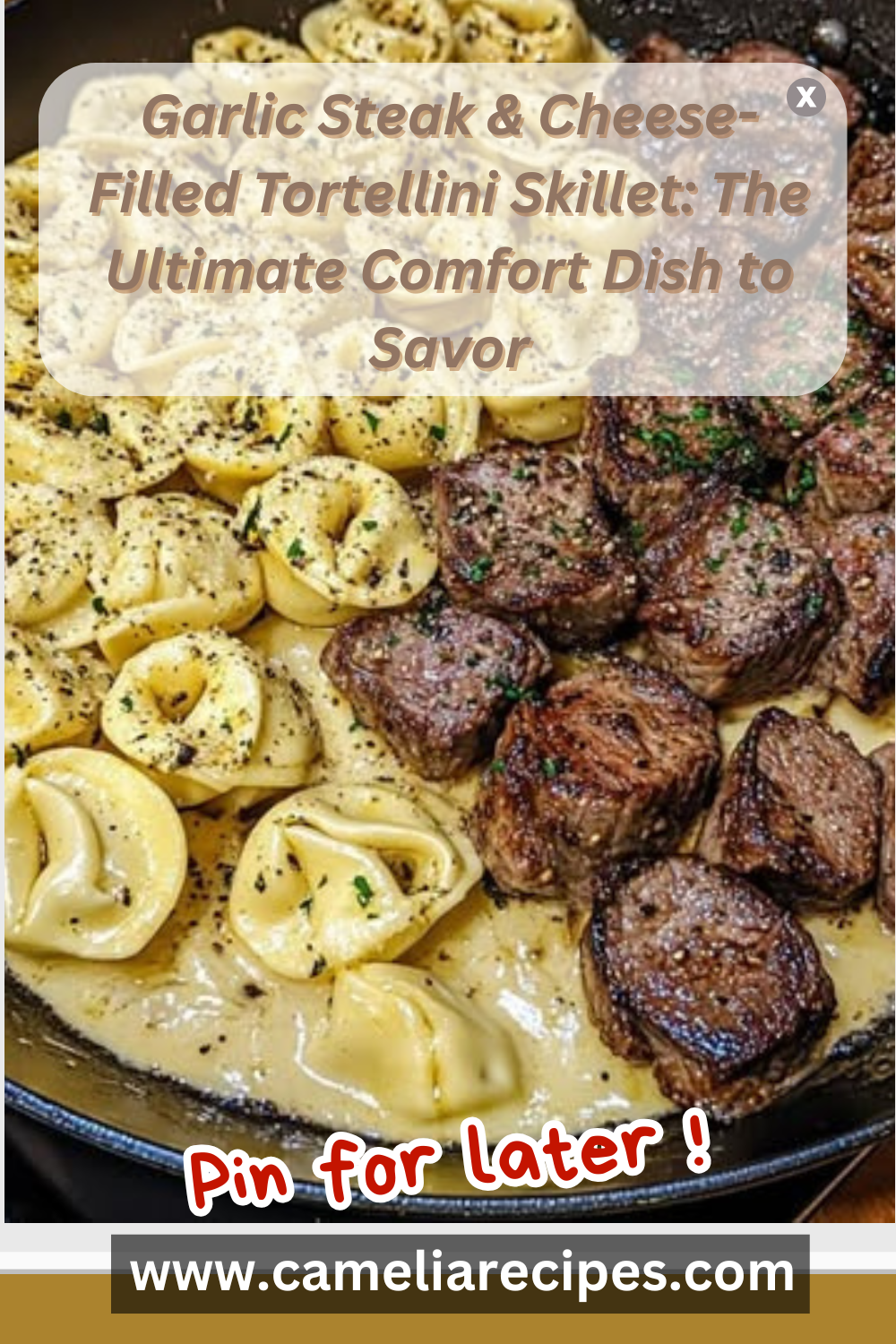 A creamy garlic steak and cheese tortellini skillet with seared steak chunks, melted Parmesan sauce, and fresh herbs in a cast-iron pan.