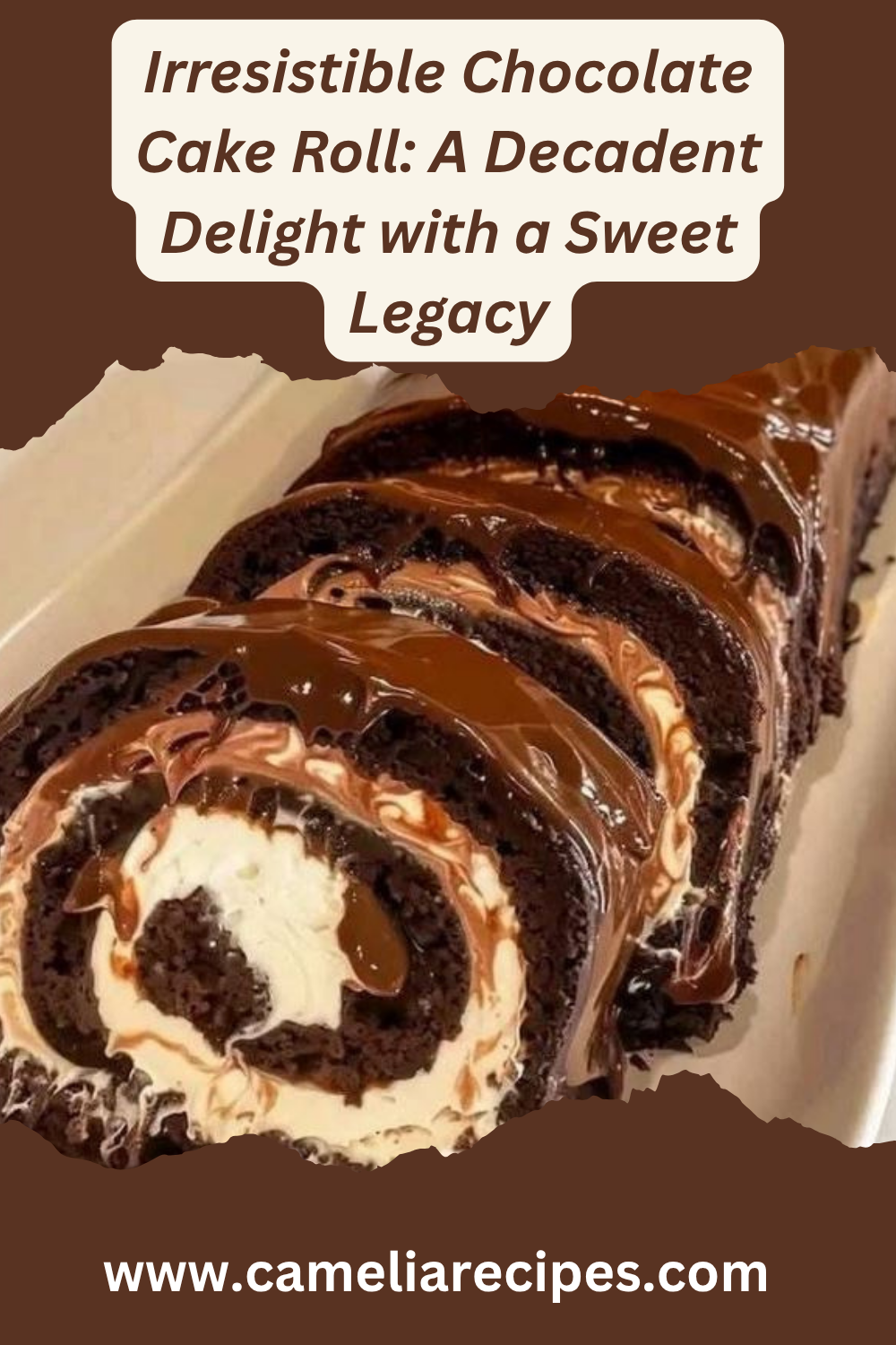 A beautiful chocolate cake roll filled with vanilla whipped cream and topped with glossy chocolate ganache, sliced and served on a white plate with garnishes.