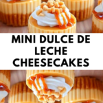 Mini Dulce de Leche Cheesecakes topped with whipped cream, chopped nuts, and a caramel drizzle on a serving tray.