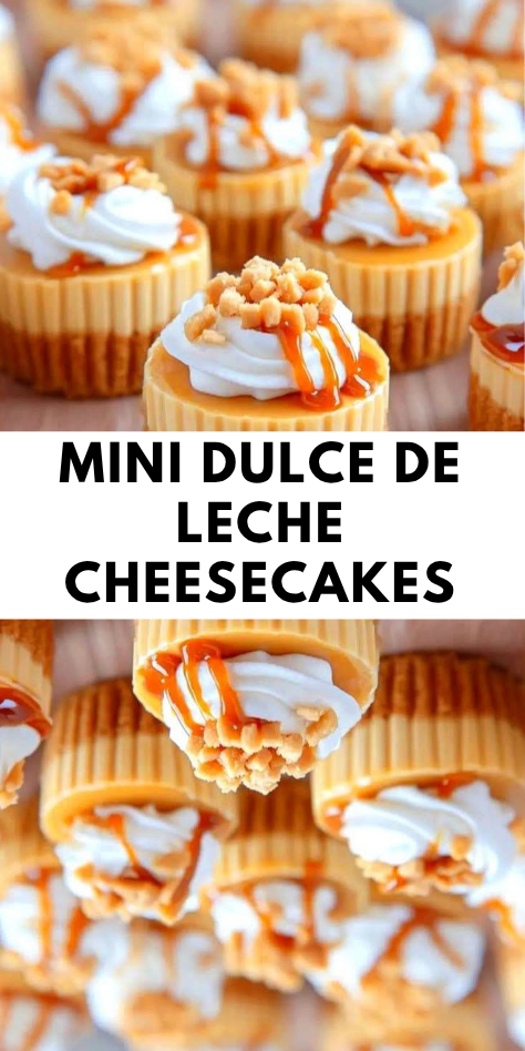 Mini Dulce de Leche Cheesecakes topped with whipped cream, chopped nuts, and a caramel drizzle on a serving tray.