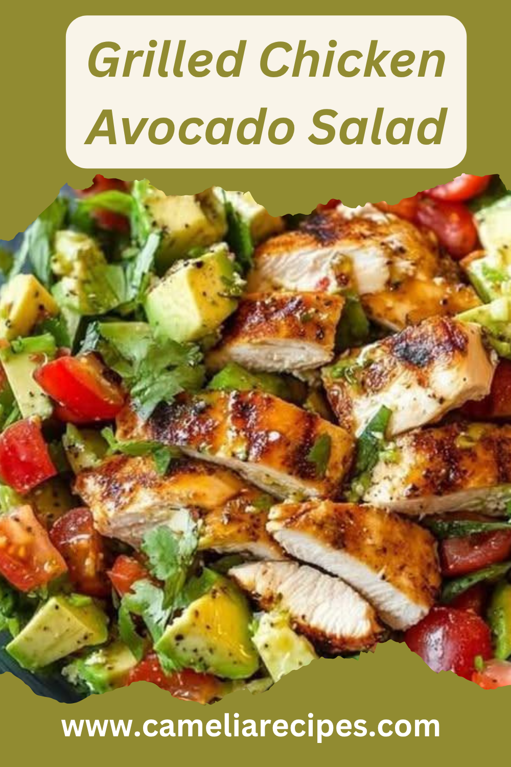 Colorful bowl of grilled chicken avocado salad with cherry tomatoes, cilantro, and lime dressing on a rustic table