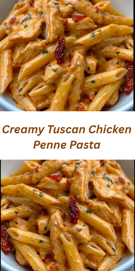 Creamy Tuscan Chicken Penne pasta with golden seared chicken, sun-dried tomatoes, and rich parmesan cream sauce in a skillet.