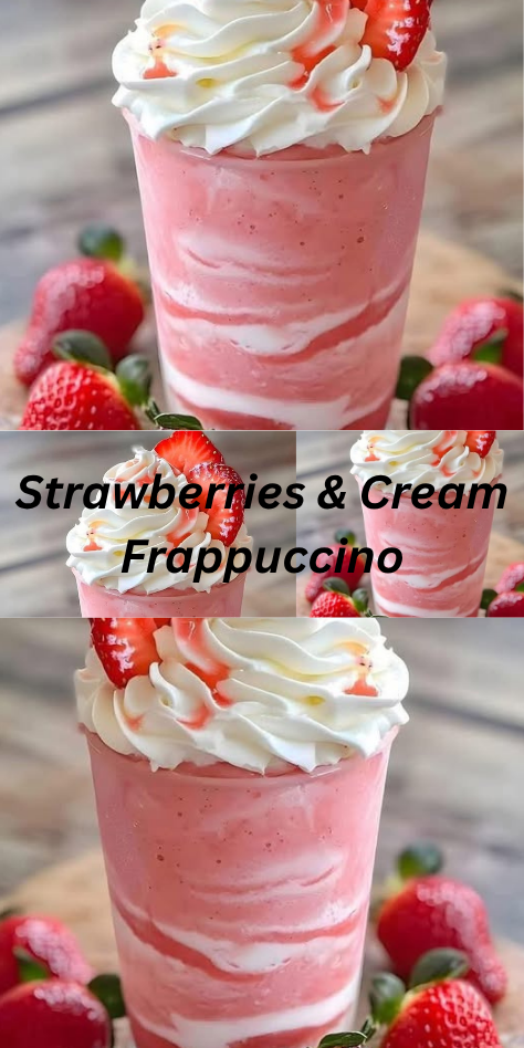 A glass of homemade Strawberries & Cream Frappuccino topped with whipped cream, fresh strawberry slices, and a drizzle of strawberry syrup.