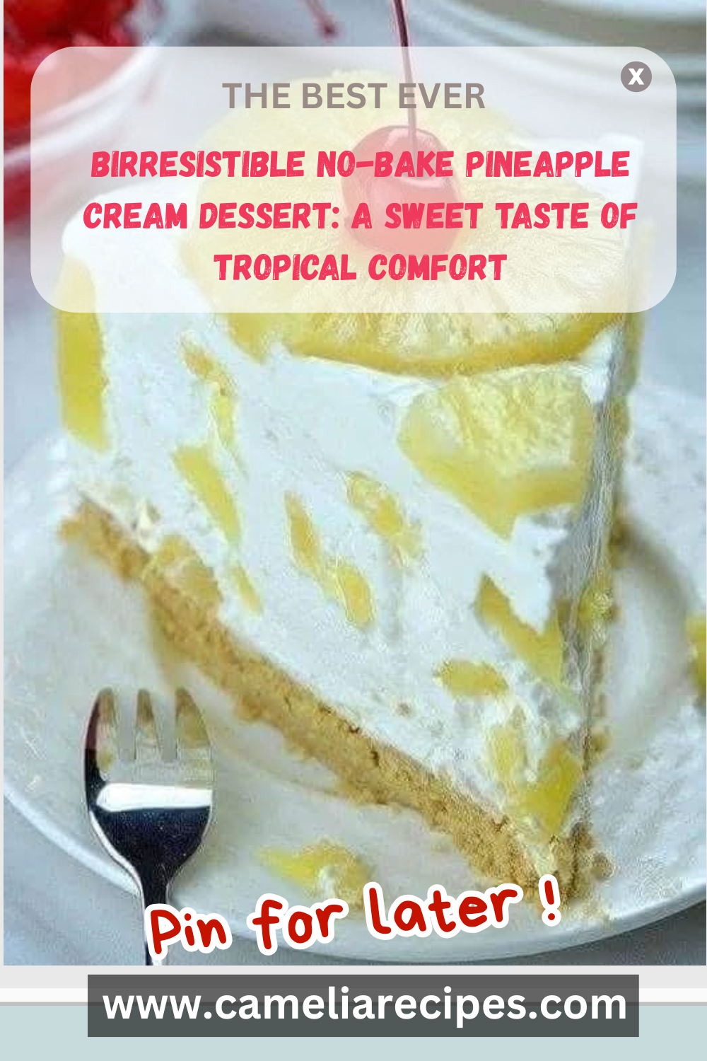 A no-bake pineapple cream dessert with layers of creamy whipped topping, tangy pineapple, and a golden graham cracker crust, topped with coconut flakes and pineapple chunks.