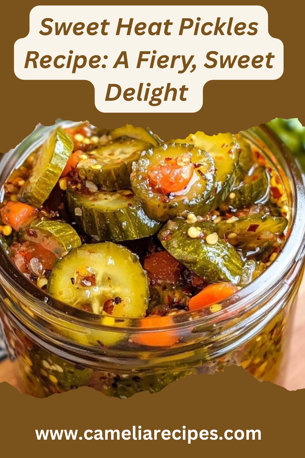 A jar of homemade sweet heat pickles made with cucumbers, vinegar, sugar, and spices, styled for a rustic kitchen look