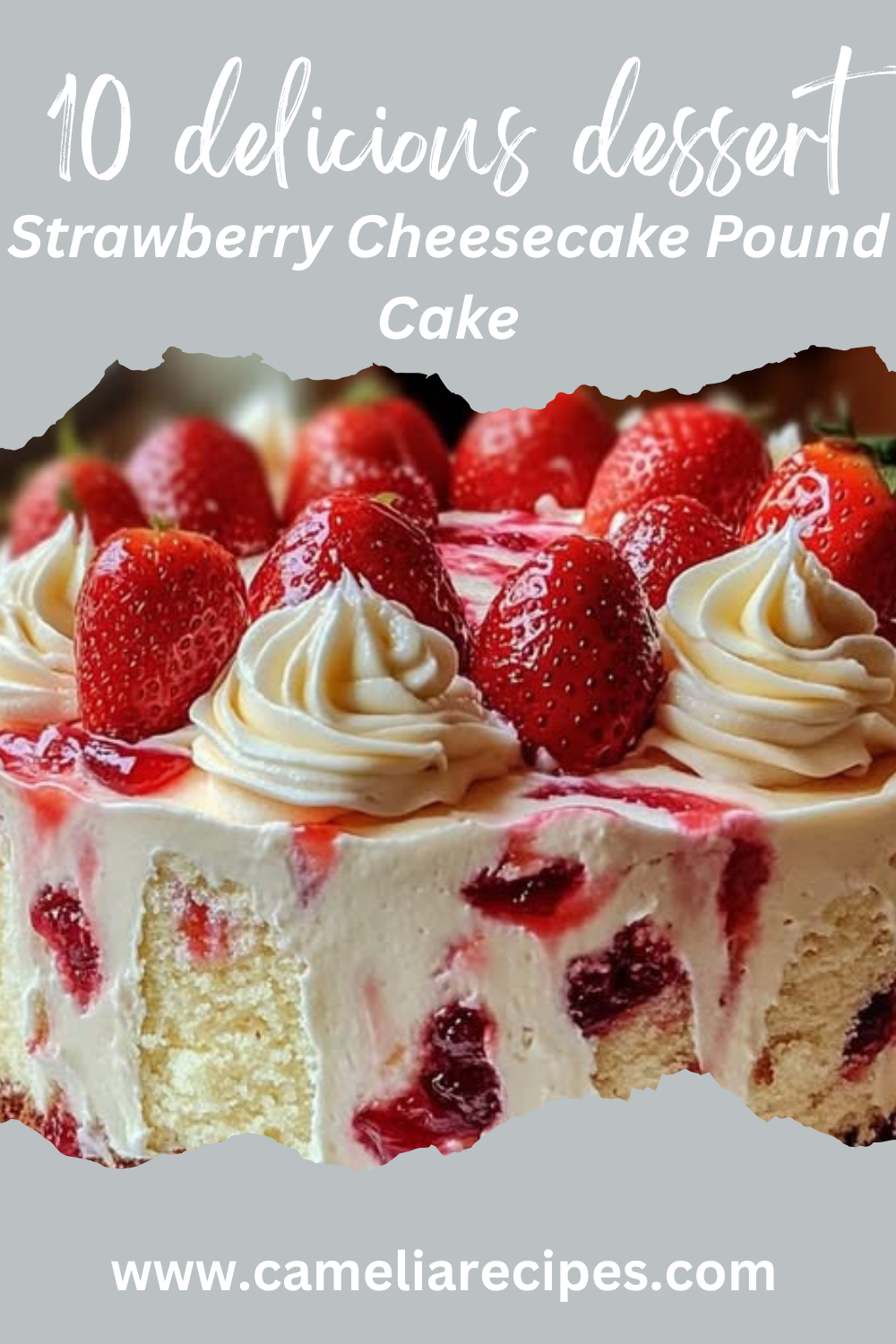 Image of a Strawberry Cheesecake Pound Cake featuring swirls of strawberry preserves and a creamy cheesecake layer, topped with fresh strawberries and a drizzle of glaze.