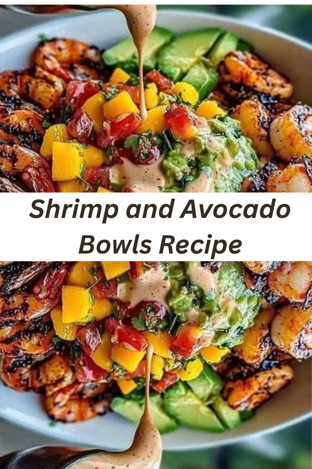 Colorful shrimp and avocado bowls with fresh mango salsa and lime-chili sauce, served over quinoa or rice in a white ceramic bowl with lime wedges and cilantro garnish.