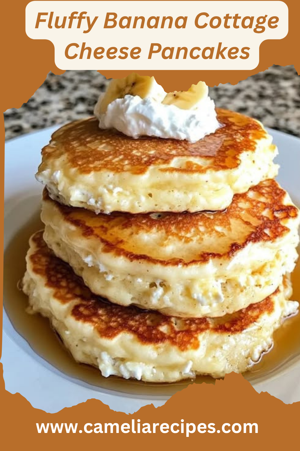 A stack of fluffy banana cottage cheese pancakes topped with banana slices, honey drizzle, and fresh berries on a rustic breakfast plate.