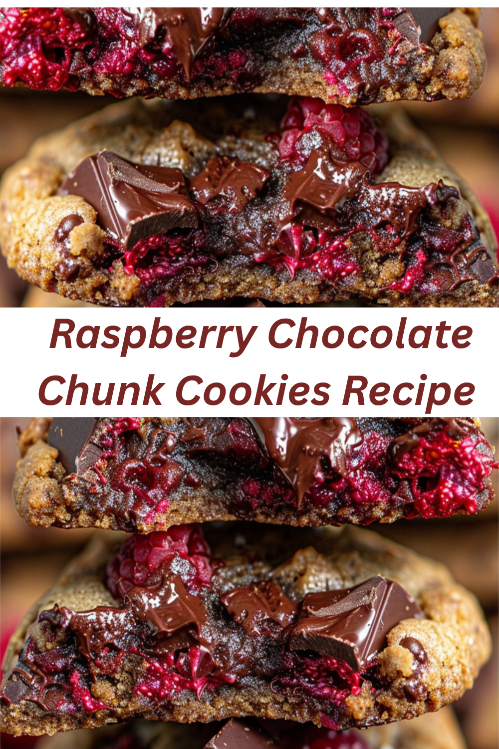A close-up image of homemade raspberry chocolate chunk cookies with golden-brown edges, fresh raspberries, and melted dark chocolate chunks on a rustic baking sheet.
