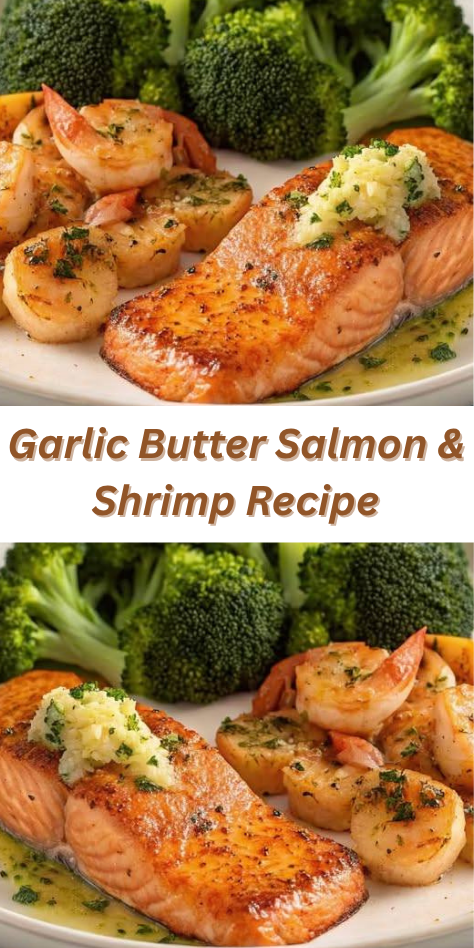 Garlic Butter Salmon & Shrimp with Broccoli on a plate garnished with lemon slices and parsley