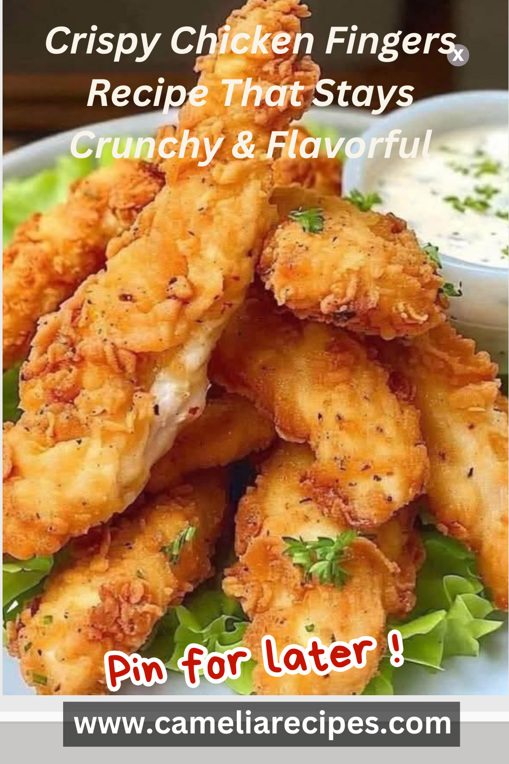 A plate of golden crispy chicken fingers with a crunchy coating, served hot with dipping sauce, representing the ultimate homemade comfort food.
