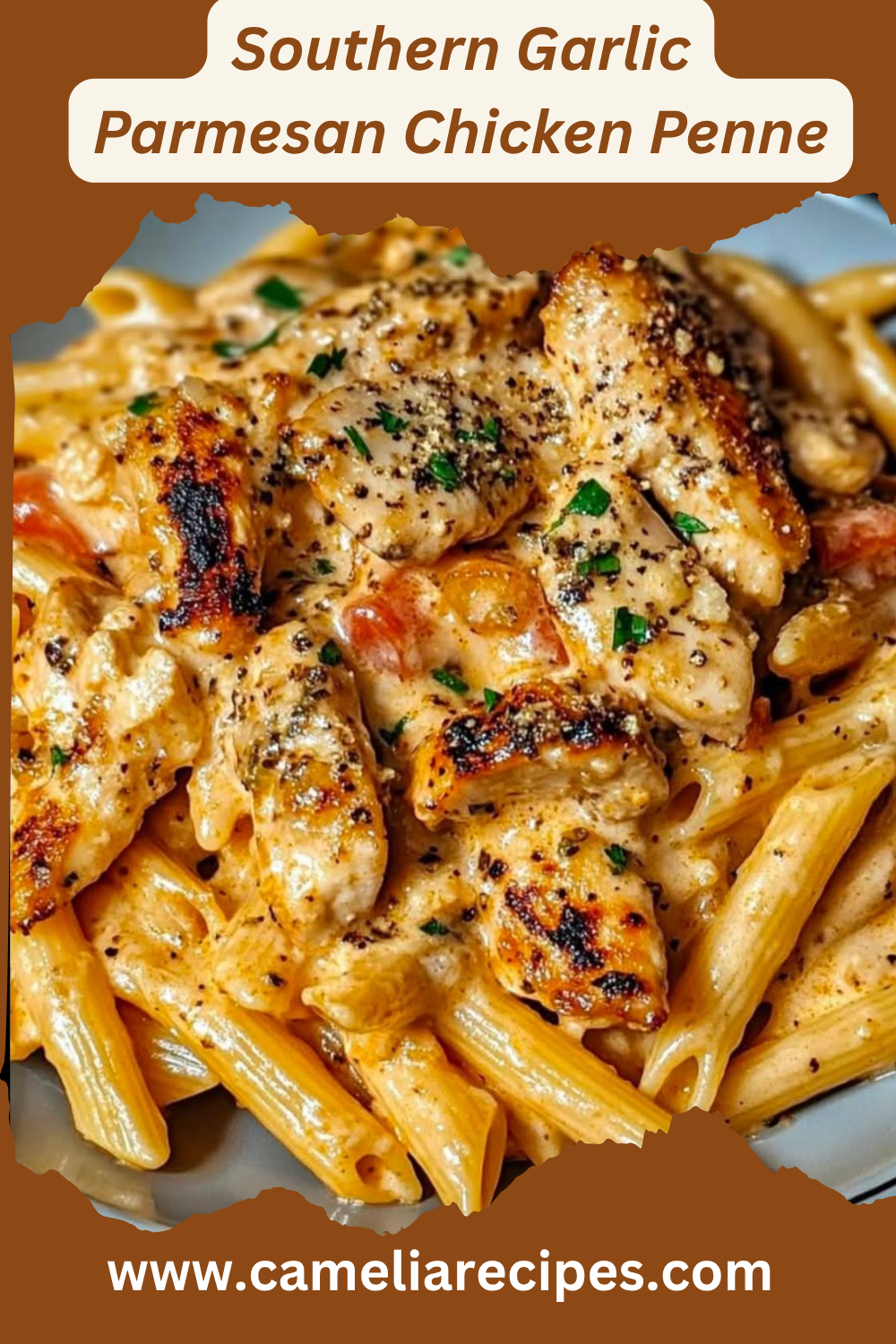 A bowl of Southern Garlic Parmesan Chicken Penne topped with parsley, featuring creamy garlic-Parmesan sauce, seared chicken, cheddar cheese, and penne pasta.
