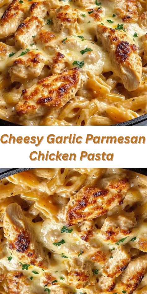 Skillet filled with cheesy garlic parmesan chicken pasta topped with melted mozzarella and fresh parsley