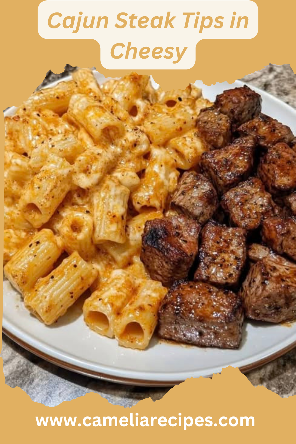Cajun Steak Tips in Cheesy Rigatoni Parmesan Sauce plated with creamy sauce and fresh parsley, featuring tender steak and gooey cheese