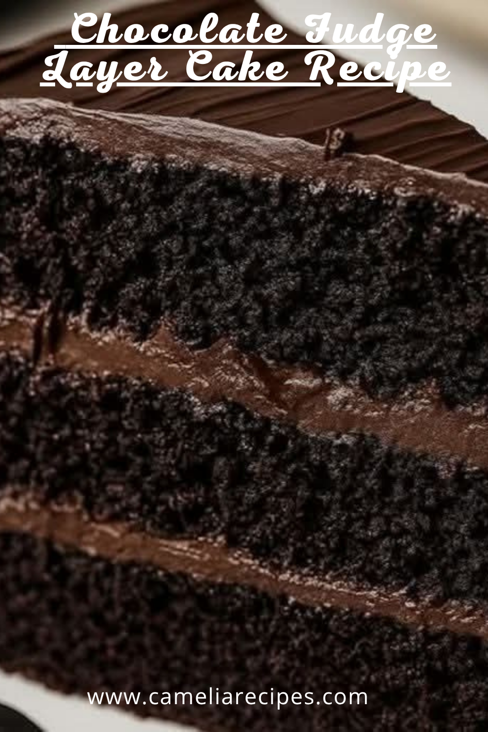 A rich, decadent Ultimate Chocolate Fudge Layer Cake with a glossy ganache topping, layered perfectly and styled for a dessert table, ideal for birthdays or holidays.