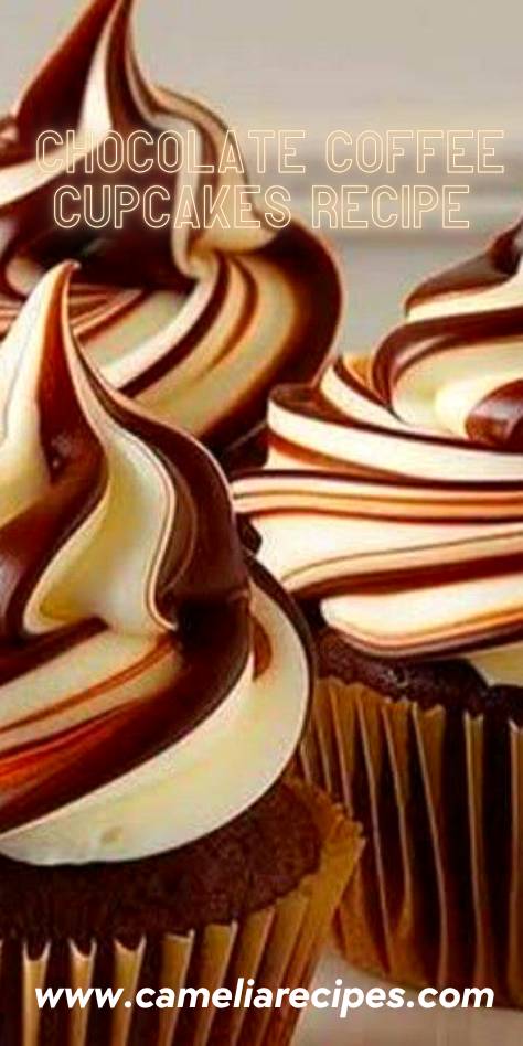 A delicious tray of chocolate coffee cream cupcakes filled with espresso buttercream and topped with a mocha swirl frosting.