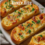 Close-up of golden baked garlic bread slices topped with parsley and melted butter, served on a wooden board.