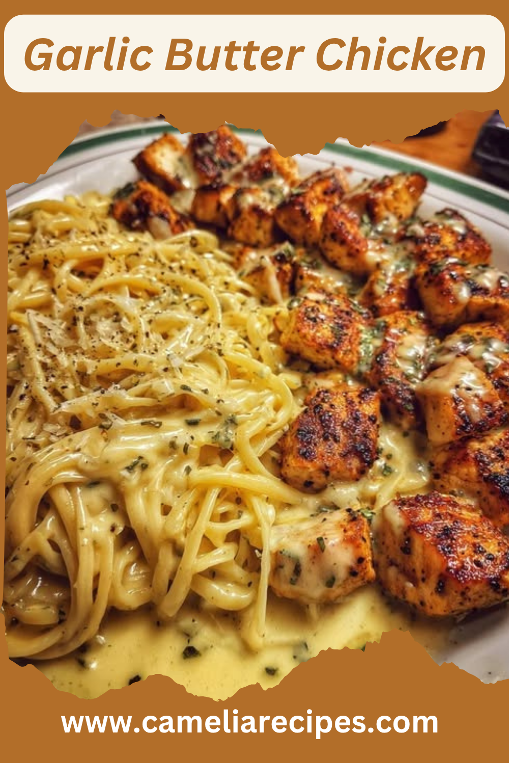 A creamy bowl of Garlic Butter Chicken with Velvety Parmesan Linguine topped with fresh parsley and served hot in a rustic ceramic plate
