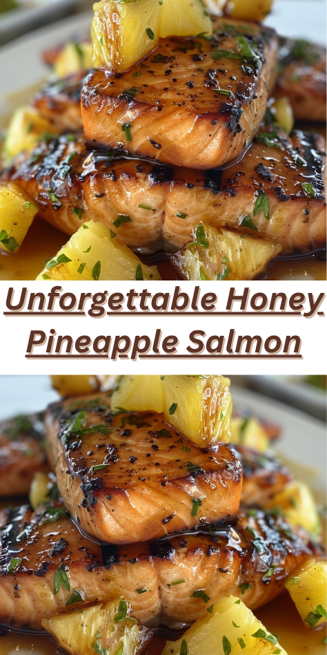 Honey pineapple salmon fillets glazed with tropical sauce, garnished with pineapple slices and cilantro