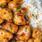 Image of Sweet & Sticky Chili Chicken served with golden garlic rice, garnished with sesame seeds and scallions. A glossy, spicy-sweet Asian chicken dish perfect for dinner.