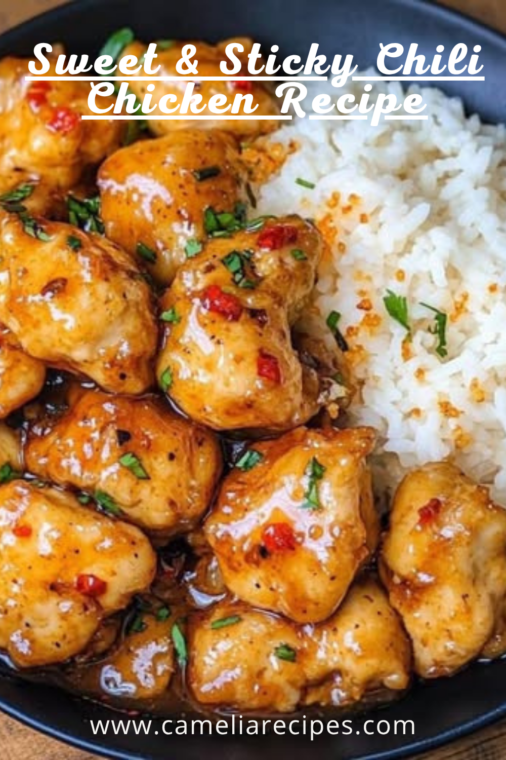 Image of Sweet & Sticky Chili Chicken served with golden garlic rice, garnished with sesame seeds and scallions. A glossy, spicy-sweet Asian chicken dish perfect for dinner.