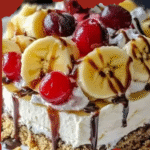 Image of a chilled no-bake banana split cheesecake topped with whipped cream, fresh bananas, cherries, chocolate, and caramel drizzle in a 9x9 dessert pan.