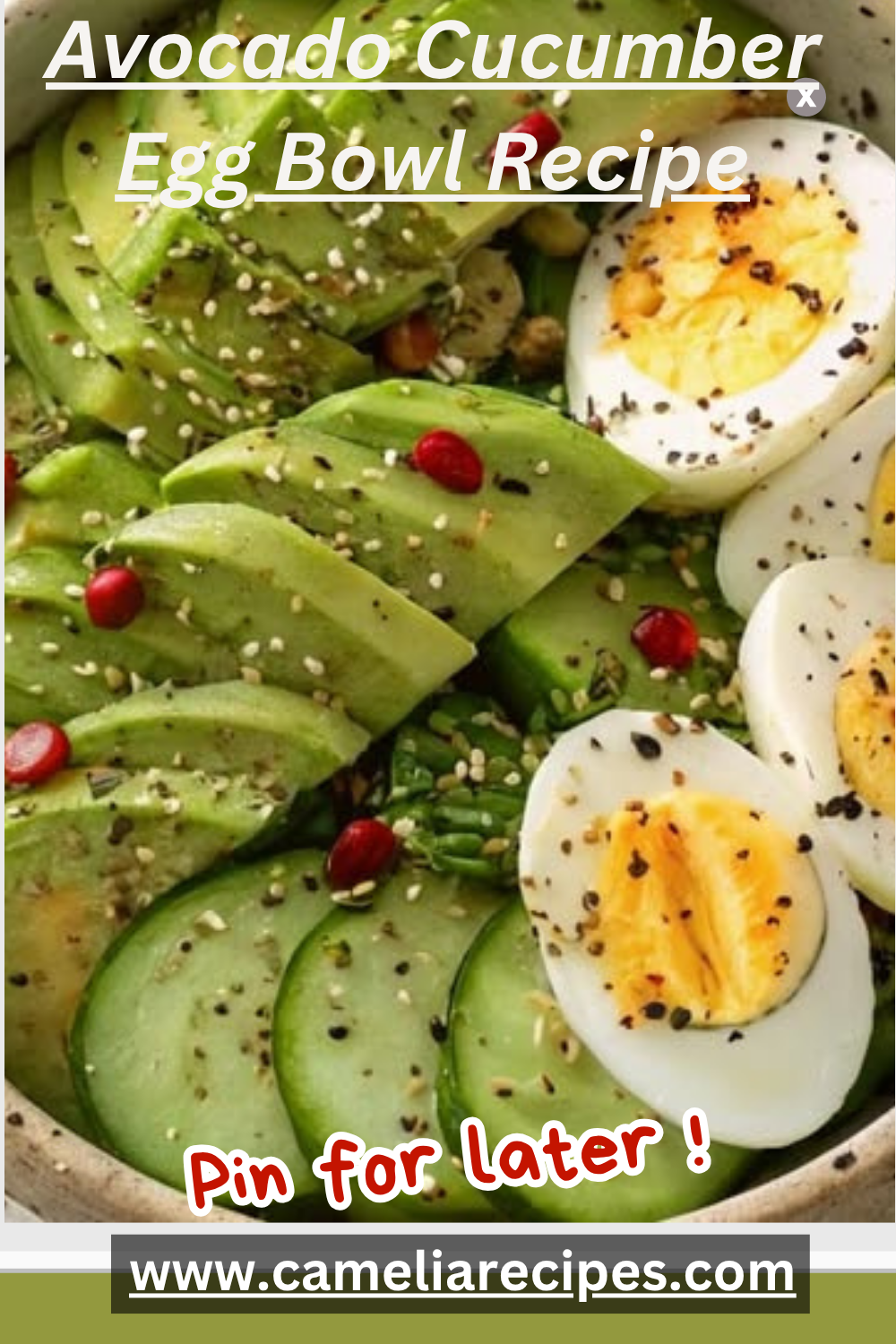 A colorful and nutritious Avocado Cucumber Egg Bowl Recipe with hard-boiled eggs, sliced avocado, cucumber rounds, sesame seeds, herbs, and olive oil served in a white ceramic bowl.